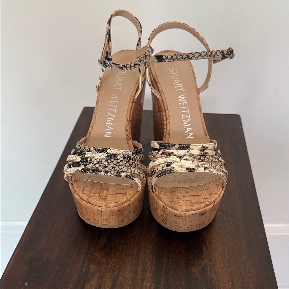 Stuart Weitzman Beige Snake-Print Cork Platform Sandals with Ankle Strap